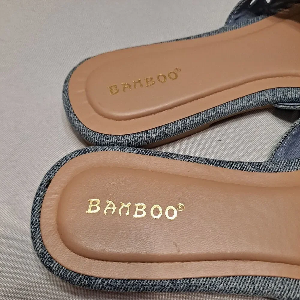 Bamboo Women's Denim Slide Sandals Size 7.5 Blue Floral Embroidered Perforated